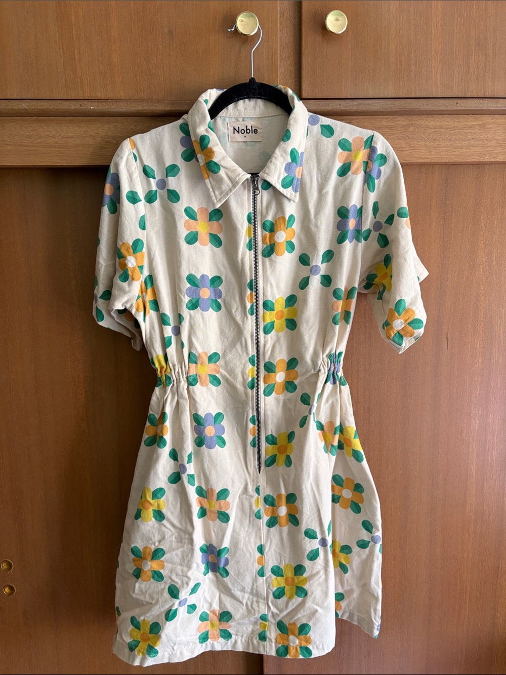 Noble Cream floral zip front utility dress with flowers